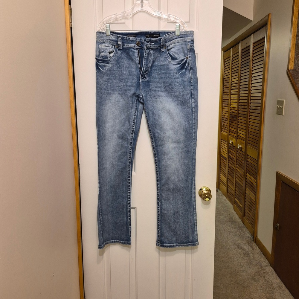 Stitches & Rivets SR86 Mens Bootcut Stretch Jeans 34x32 Medium Wash Blue Denim